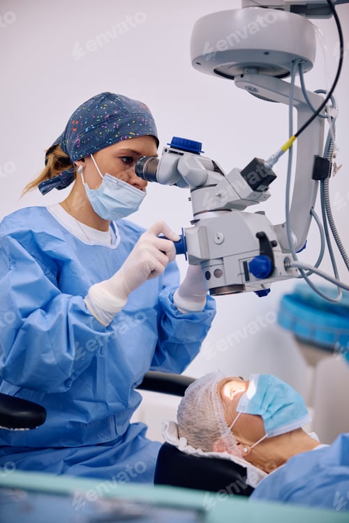 Preview: Medical eye expert looking through microscope during surgery at ophthalmology clinic.
