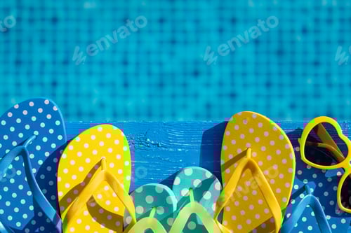 Preview: Beach flip-flops and sunglasses on blue wood against water background