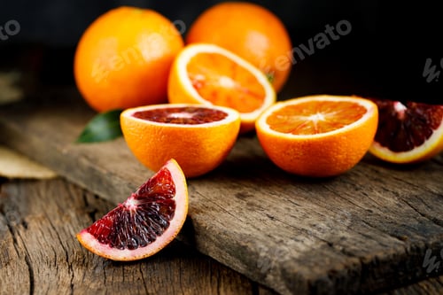 Preview: Sliced Sicilian Blood oranges fruits over old dark wooden background. Top view.