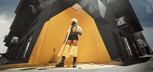 Preview: Stylish young african american man eating a banana while out in the city by a yellow wall. Conceptu