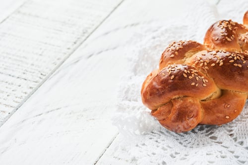 Preview: Сhallah bread. Sabbath kiddush ceremony composition. Freshly baked homemade braided challah bread fo