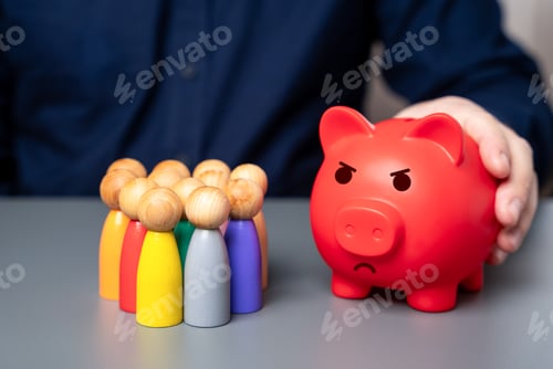 Preview: A businessman holds a red piggy bank next to a group of people figures.