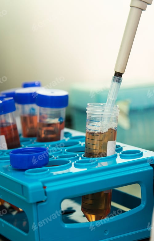 Preview: Closeup of hands in blue protective gloves holding a tube for testing in a lab