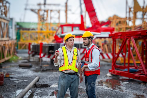 Preview: Two men safety gear are looking piece of machinery. They are wearing reflective vests and hard hats