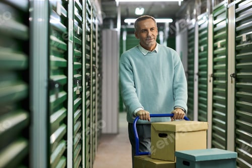Preview: Middle Aged Man Transporting Cardboard Boxes through Storage Corridor