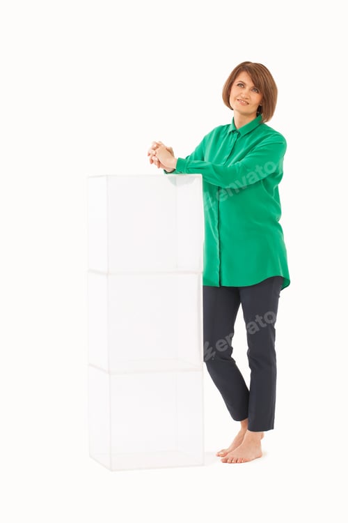 Preview: Adult woman near glass stand