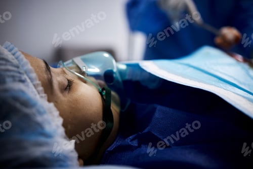 Preview: Doctor, sleeping or sick woman with an oxygen mask or respiratory for healthcare recovery in hospit