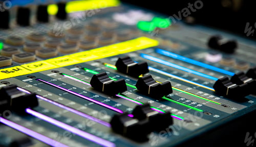 Preview: Sliders and buttons on Audio Mixing Desk at live event