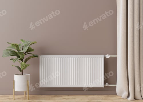 Preview: White heating radiator with thermostat on brown wall. Central heating system. Free, copy space