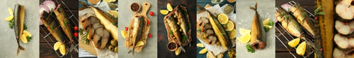Preview: Collage of photos of tasty smoked mackerel