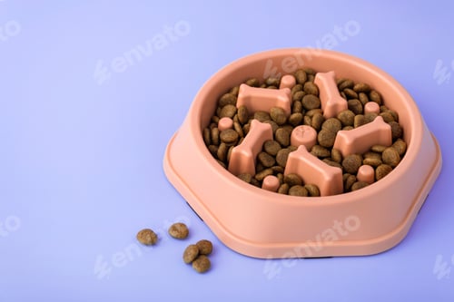 Preview: Cat and dog orange slow Feeding Bowl on purple background