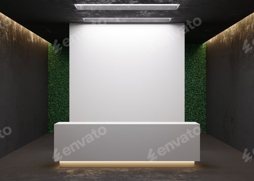 Preview: White reception counter in modern room with dark walls. Blank registration desk