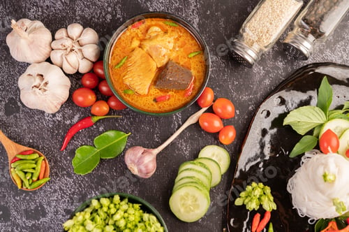 Preview: Chicken curry in a black cup with rice noodles.