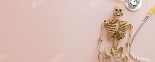 Preview: Yellow stethoscope and skeleton anatomical model on pink symbolize Doctor Day.
