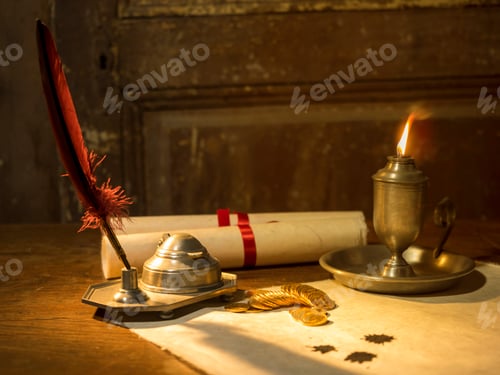 Preview: Antique parchment paper sheets lit by candlelight