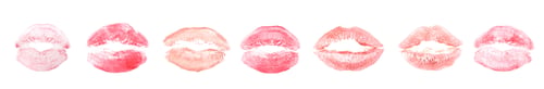Preview: Set with lipstick kiss marks on white background, top view. Banner design