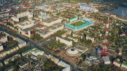 Preview: Gomel, Belarus. Aerial View Of Bird's-eye View, Flight Above Homiel. Stadium, Circus, Sovetskaya