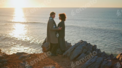 Preview: Tender newlyweds embracing sundown beach at nature. Lovers hugging at sunset