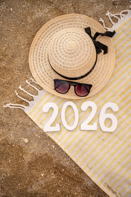 Preview: Beach towel, straw hat and sunglasses welcoming 2026
