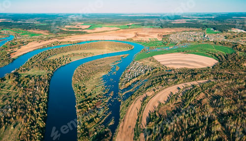 Preview: Panorama Aerial View Green Forest Woods And River Landscape In Sunny Spring Summer Day. Top View Of