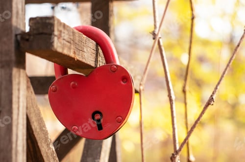 Preview: red iron heart-shaped lock hanging on a hedge in autumn
