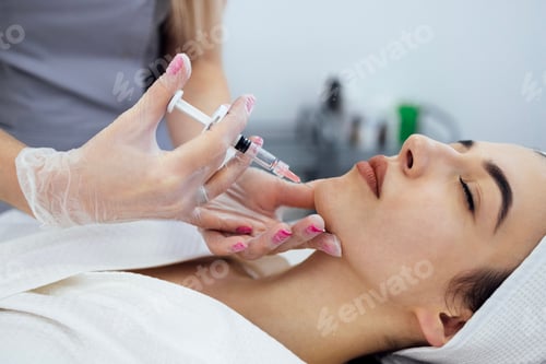Preview: Female cosmetologist in transparent gloves makes an injection in the lower jaw of her client