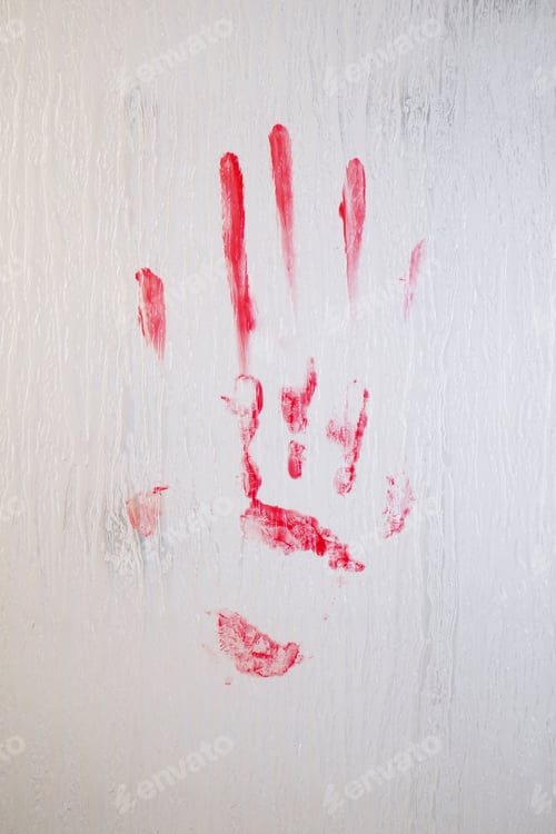 Preview: blood smeared bloody handprint on frosted glass window
