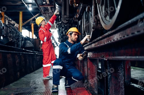 Preview: Team of engineer railway wearing safety uniform and helmet under checking under train.