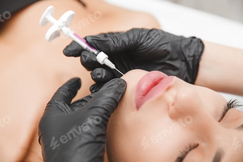Preview: A cosmetologist makes lipolytic injections to burn fat on a woman's chin against a double chin.