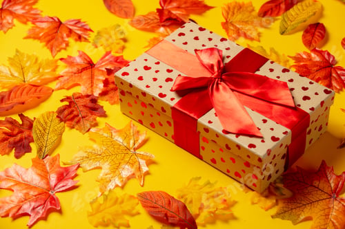 Preview: Romantic gift box with autumn leaves on yellow background. Top view