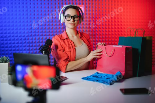 Preview: Young female blogger recording video while unpacking parcel at home