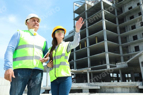 Preview: Professional engineer and foreman with tablet in safety equipment at construction site