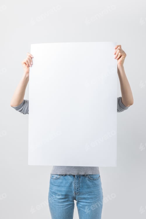 Preview: obscured view of woman with blank banner in hands isolated on white