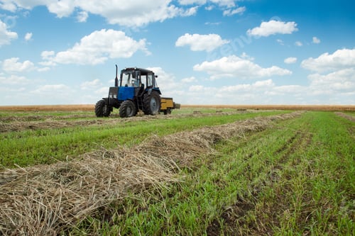 Preview: Tractor collects dry hay on the farm field