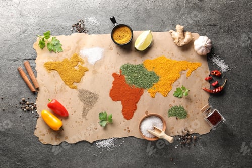 Preview: World map of different spices and products on grey table, top view