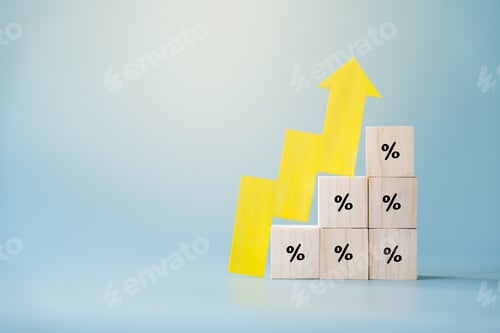 Preview: Yellow paper cut arrow going up positive trend on wooden blocks with percentages