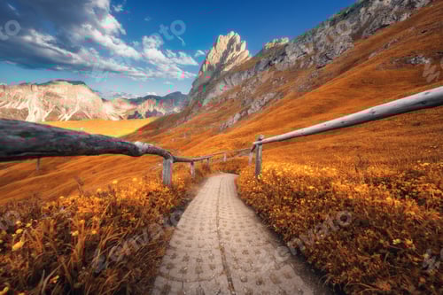 Preview: Path in Seceda mountain on beautiful autumn sunny day