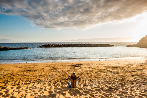 Visualização: conceito de felicidade com vista traseira de uma jovem sentada na praia em lazer ao ar livre, relaxe