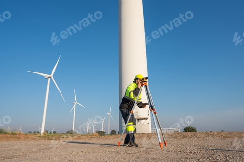 Preview: Engineers survey and checking wind turbines in sunset.