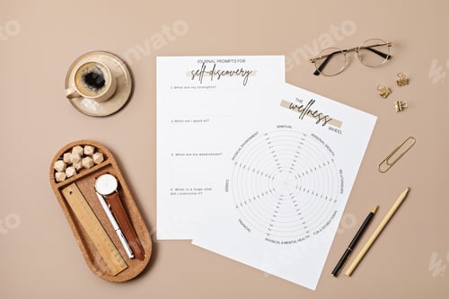 Preview: Desktop with life coaching templates and office accessories