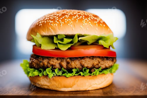 Preview: Homemade beef burger with vegetables on rustic serving board