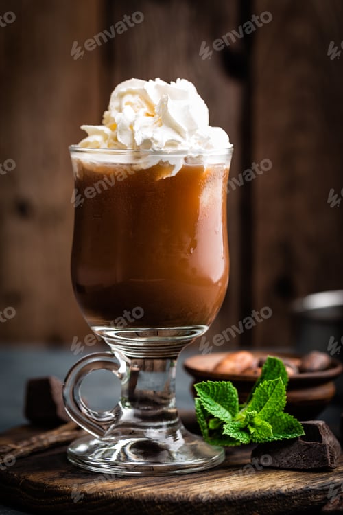 Preview: Iced cocoa drink with whipped cream, cold chocolate beverage, coffee frappe on dark background