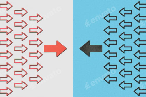 Preview: top view of horizontal opposite red and black pointers on blue and grey background