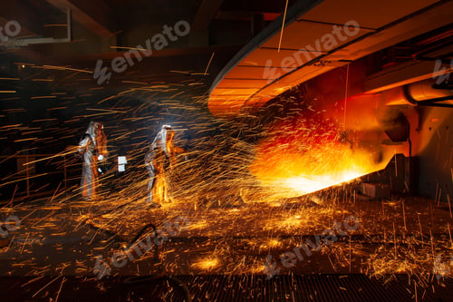 Preview: Two factory workers igniting a furnace in an industrial factory.