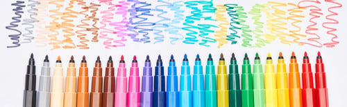 Preview: Panoramic shot of set of bright color felt-tip pens without cups isolated on white