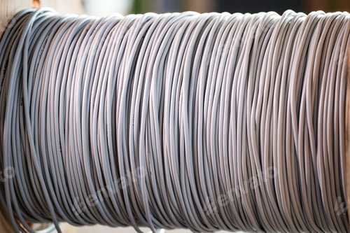 Preview: Giant skein of gray wires on a wooden reel