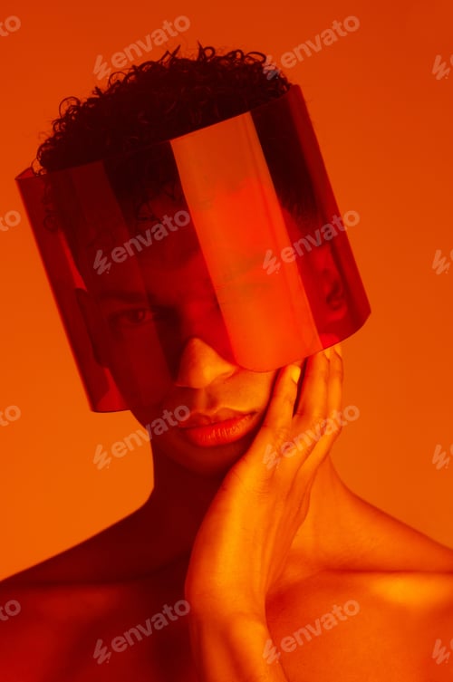 Preview: Cyberpunk glasses, red neon and fashion model with creative futuristic style, fantasy lighting and