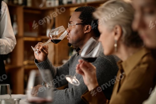 Preview: Young Adult Black Man and Middle Aged Caucasian Women Tasting Red Wine Together