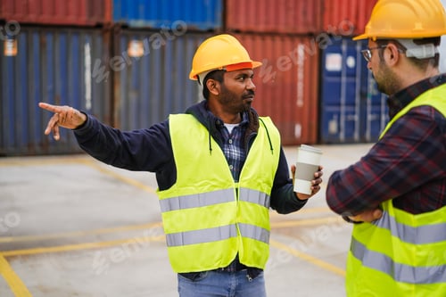 Preview: Workers controlling shipping containers at industrial port harbor