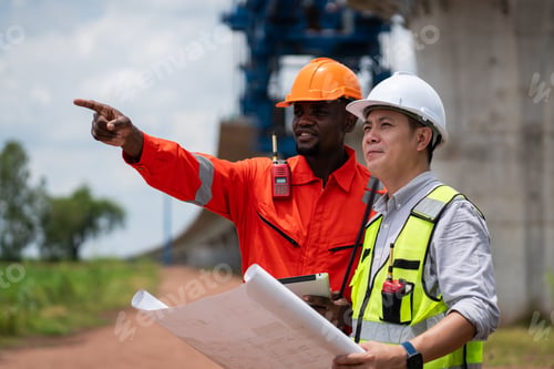 Preview: The survey team is operating a theodolite while referencing road construction plans.